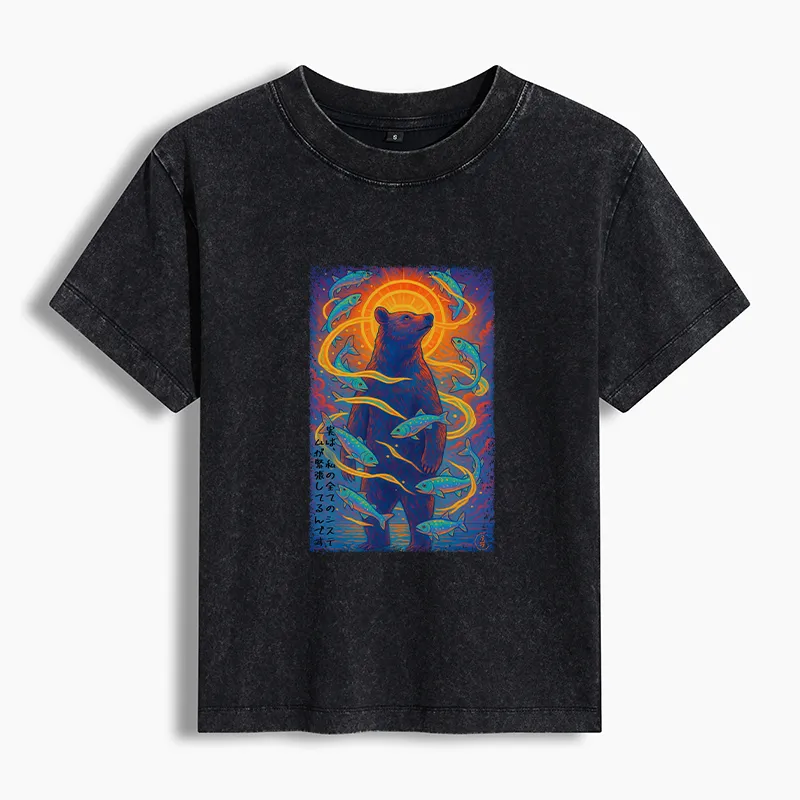 Tokyo-Tiger Ukiyoe Bear and Fish Vintage Poster Women's Washed T-shirt