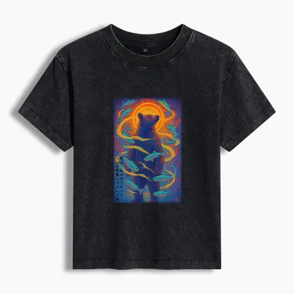 Tokyo-Tiger Ukiyoe Bear and Fish Vintage Poster Women's Washed T-shirt