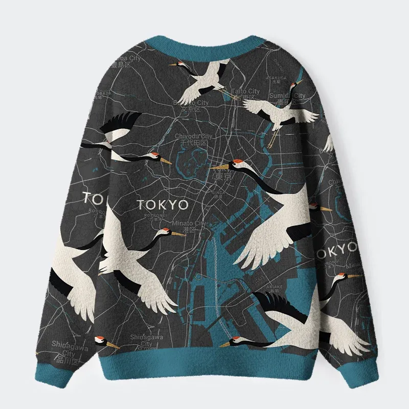 Tokyo-Tiger Cranes And The Subway Line Ugly Cardigan Sweater