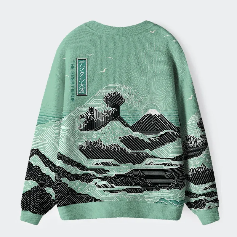 Tokyo-Tiger Circuit Board Waves Ugly Cardigan Sweater