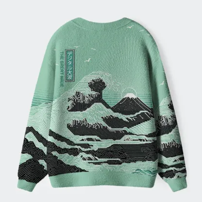 Tokyo-Tiger Circuit Board Waves Ugly Cardigan Sweater