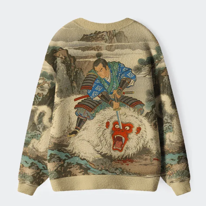 Tokyo-Tiger Samurai Kills Monkey Ugly Cardigan Sweater