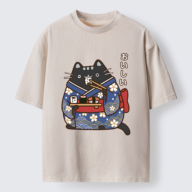 Tokyo-Tiger Geisha Cat Sushi Washed T-Shirt