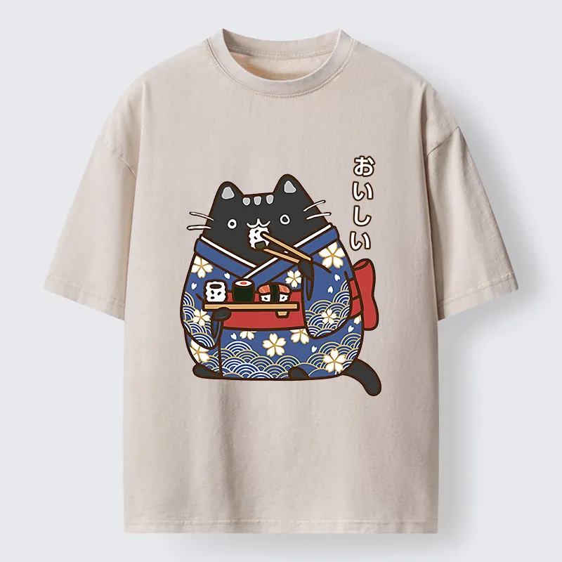 Tokyo-Tiger Geisha Cat Sushi Washed T-Shirt