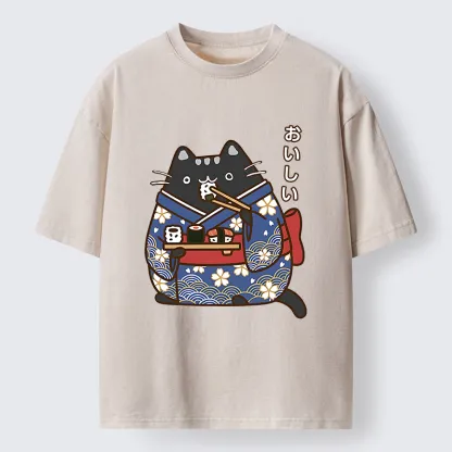 Tokyo-Tiger Geisha Cat Sushi Washed T-Shirt
