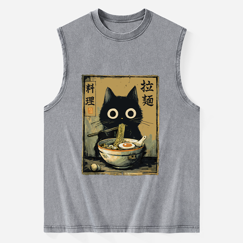 Tokyo-Tiger Cute Black Cat Eating Ramen Japan Washed Tank
