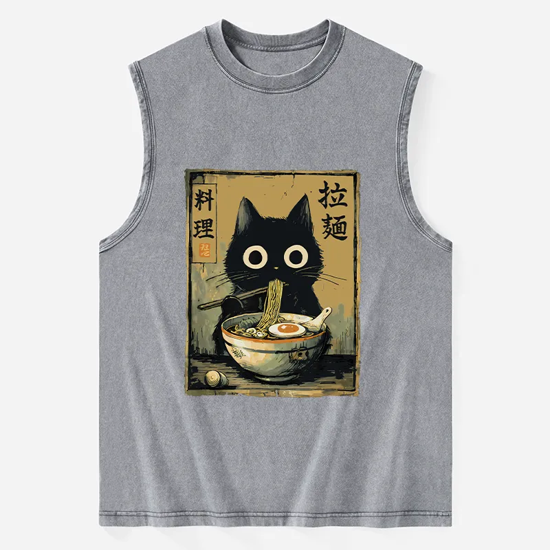 Tokyo-Tiger Cute Black Cat Eating Ramen Japan Washed Tank