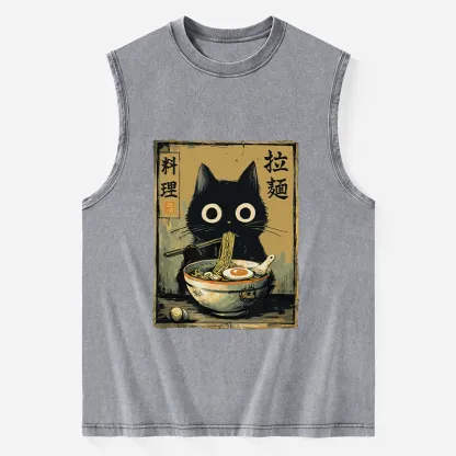 Tokyo-Tiger Cute Black Cat Eating Ramen Japan Washed Tank