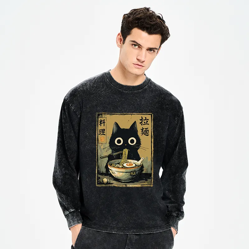 Tokyo-Tiger Cute Black Cat Eating Ramen Japan Washed Long Sleeve T-Shirt