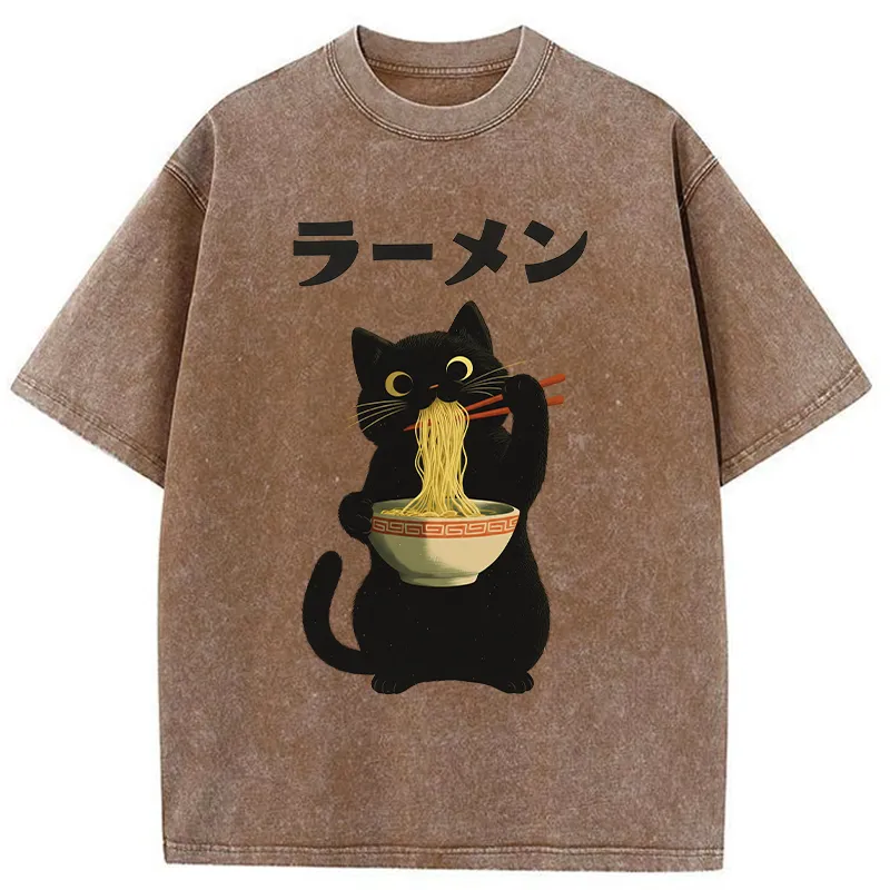 Tokyo-Tiger Black Cat Ate A Large Bowl Of Ramen Washed T-Shirt