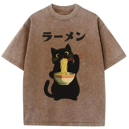 Tokyo-Tiger Black Cat Ate A Large Bowl Of Ramen Washed T-Shirt