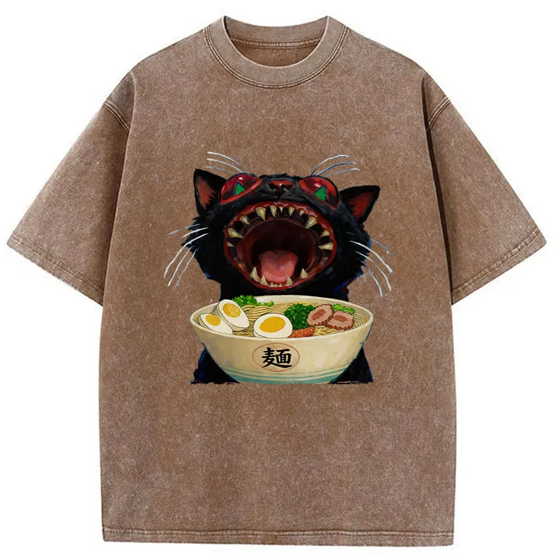 Tokyo-Tiger Black Cat Is Ready To Eat Ramen Washed T-Shirt