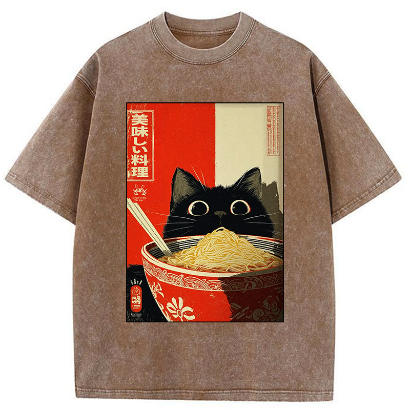 Tokyo-Tiger Cat Eats A Large Portion Of Ramen Washed T-Shirt