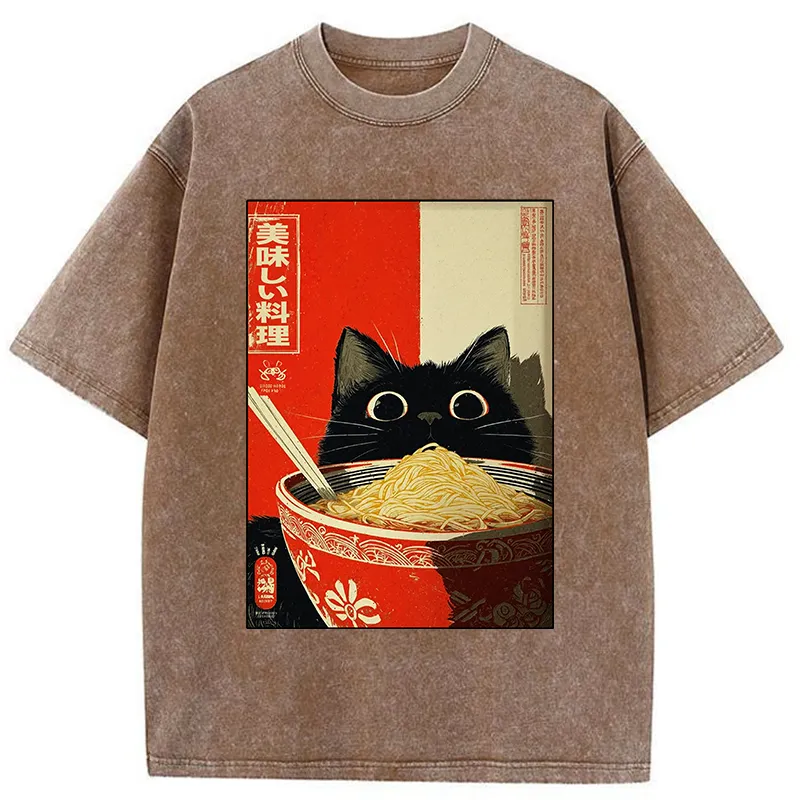 Tokyo-Tiger Cat Eats A Large Portion Of Ramen Washed T-Shirt