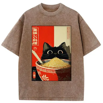 Tokyo-Tiger Cat Eats A Large Portion Of Ramen Washed T-Shirt