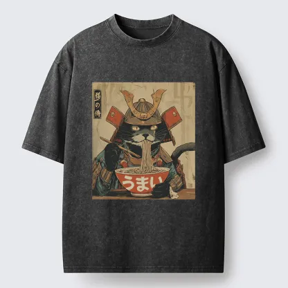 Tokyo-Tiger Cat Japanese Samurai Eating Ramen Washed T-Shirt