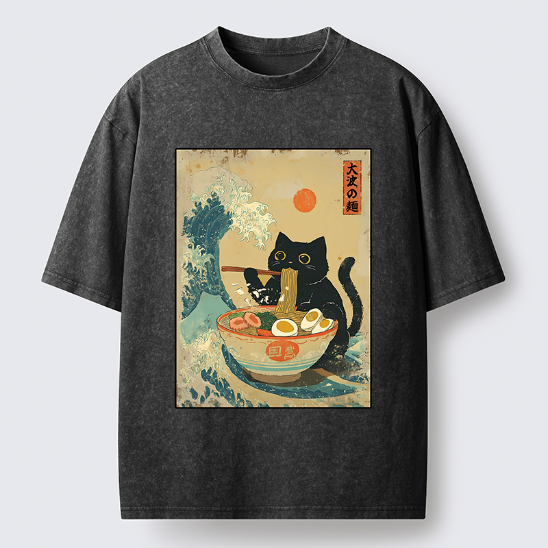 Tokyo-Tiger Cat Eats A Large Portion Of Ramen Washed T-Shirt