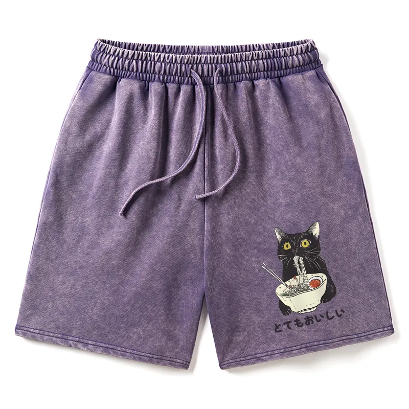 Tokyo-Tiger Cats Eat Ramen Noodles Washed Shorts