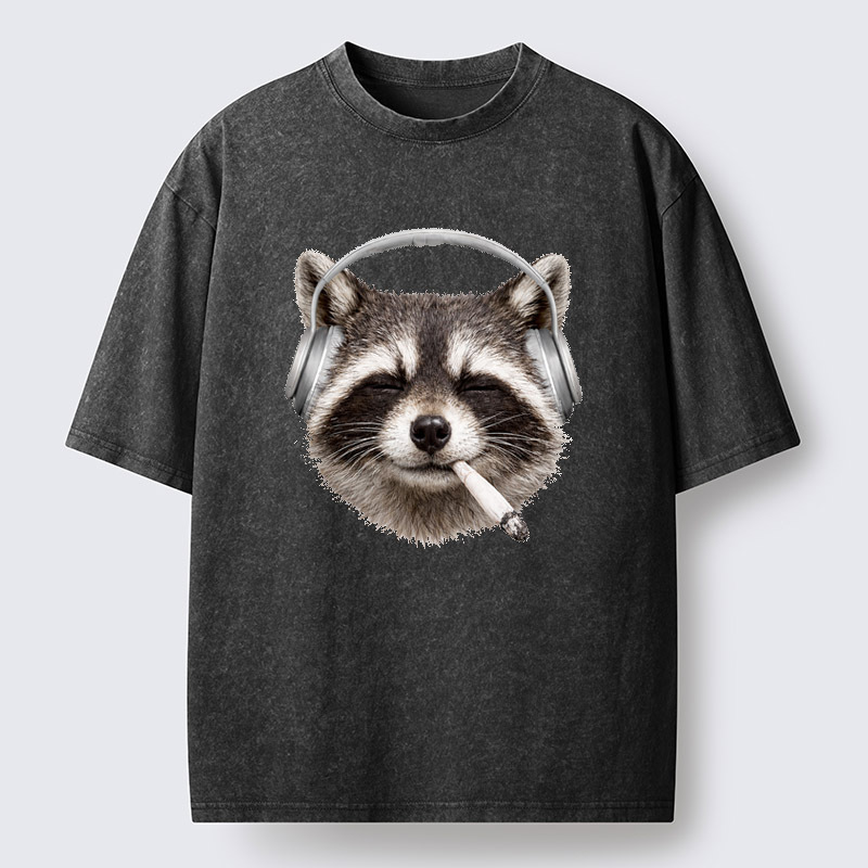 Tokyo-Tiger Raccoon Listening To Music Now Washed T-Shirt