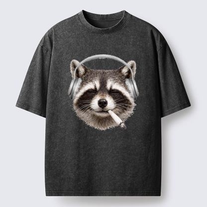 Tokyo-Tiger Raccoon Listening To Music Now Washed T-Shirt