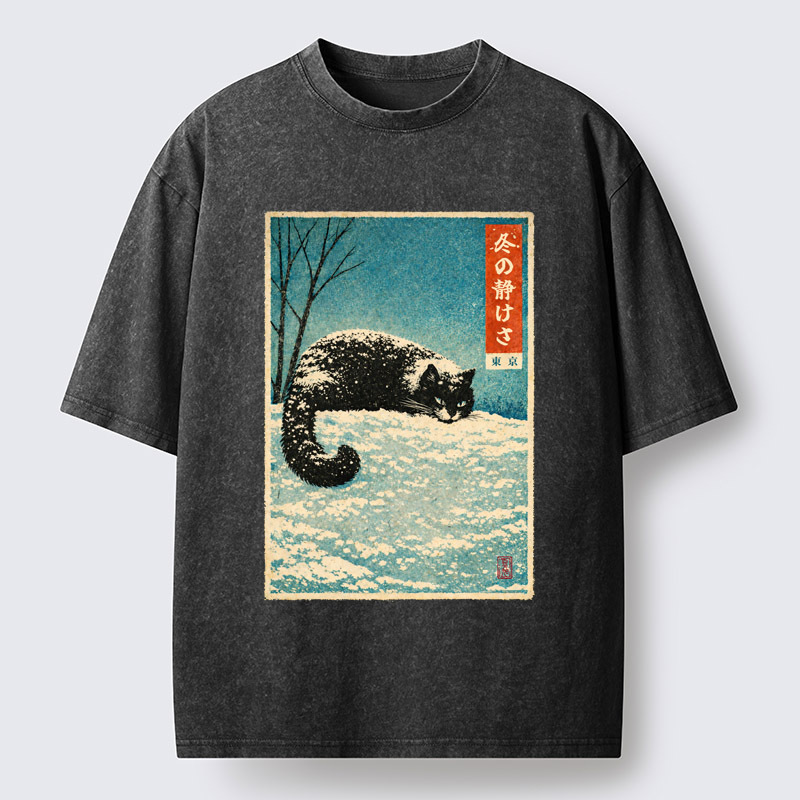 Tokyo-Tiger A Cat In Winter Silence Washed T-Shirt