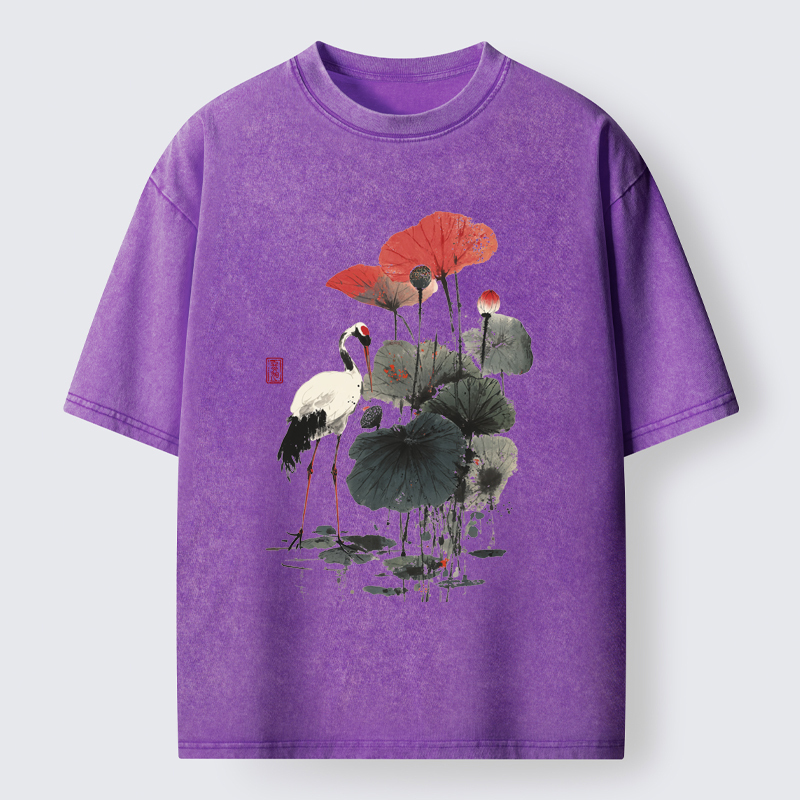 Tokyo-Tiger White Crane Among Lotus Washed T-Shirt
