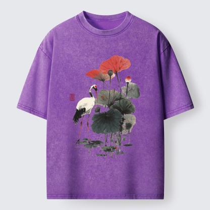 Tokyo-Tiger White Crane Among Lotus Washed T-Shirt