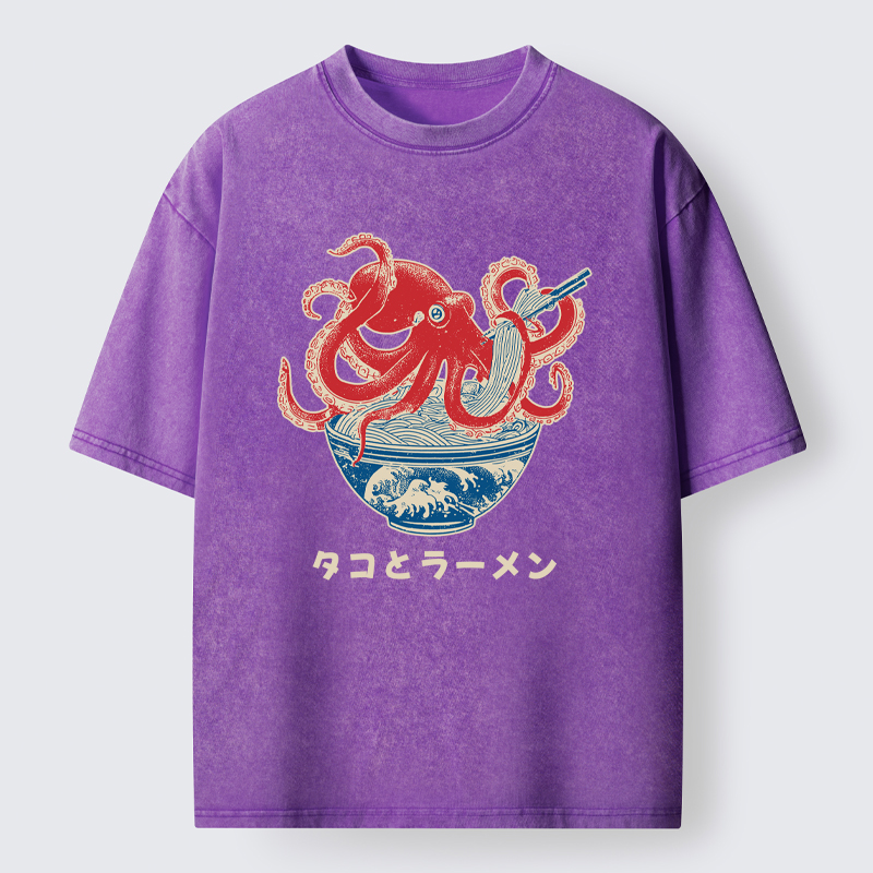 Tokyo-Tiger Octopus Eating Ramen Washed T-Shirt