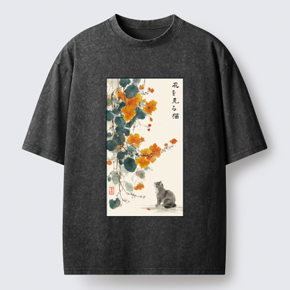 Tokyo-Tiger A Cat Watching Flowers Washed T-Shirt