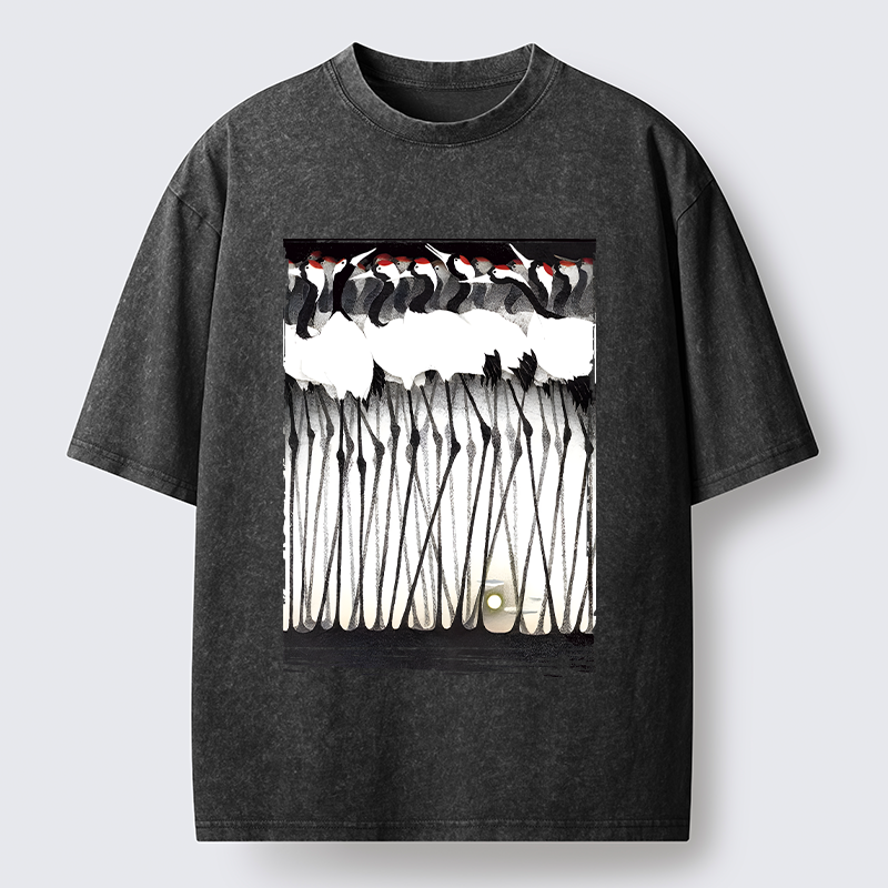 Tokyo-Tiger Crane Flock Ancient Painting Washed T-Shirt