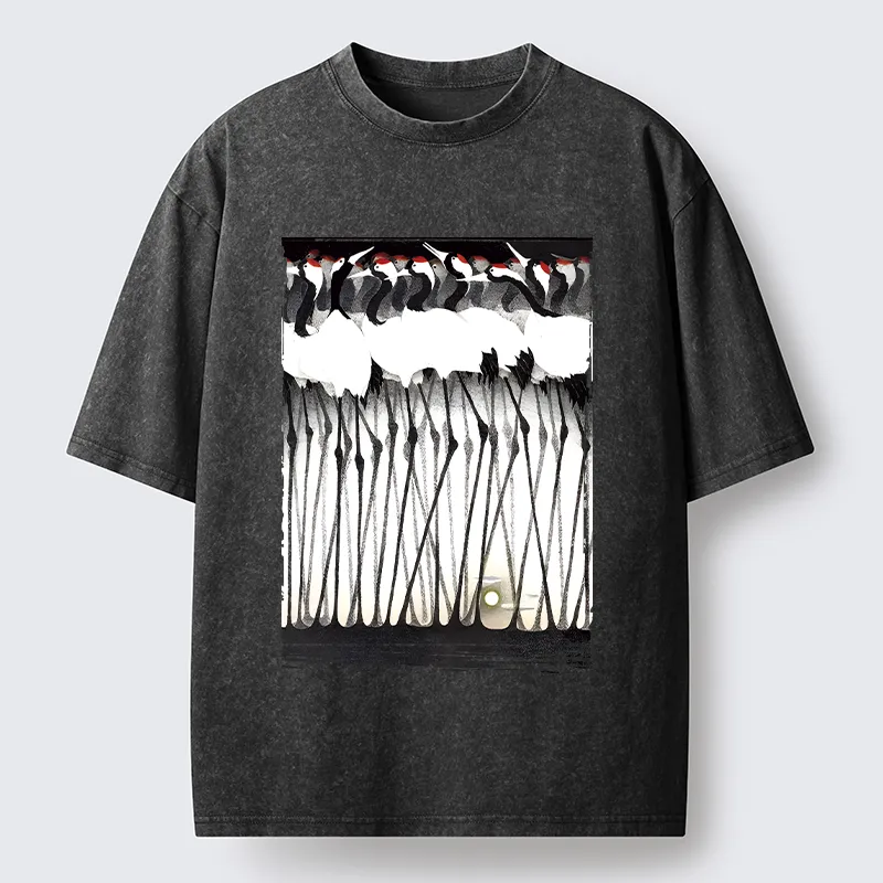 Tokyo-Tiger Crane Flock Ancient Painting Washed T-Shirt