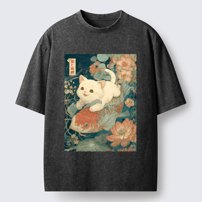 Tokyo-Tiger Cat And Koi Washed T-Shirt