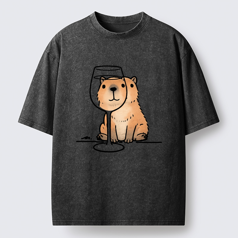 Tokyo-Tiger Capybara With A Glass Washed T-Shirt