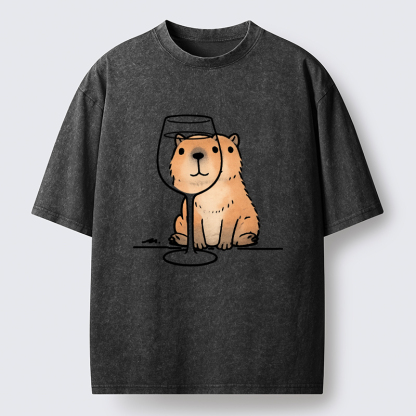 Tokyo-Tiger Capybara With A Glass Washed T-Shirt