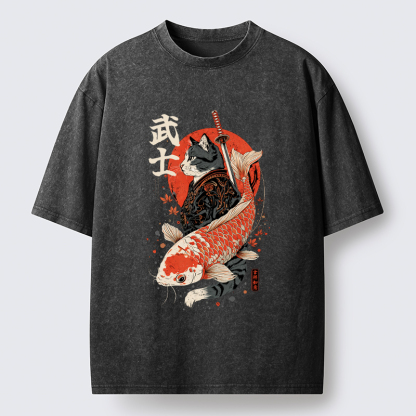 Tokyo-Tiger Samurai Cat And Koi Washed T-Shirt