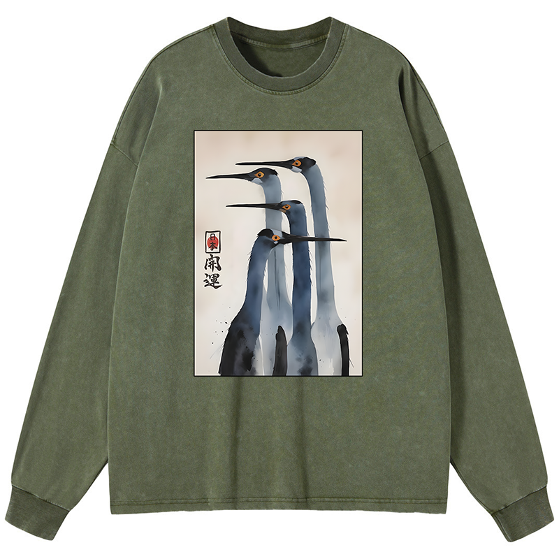 Tokyo-Tiger Retro Sandhill Crane Washed Long Sleeve T-Shirt