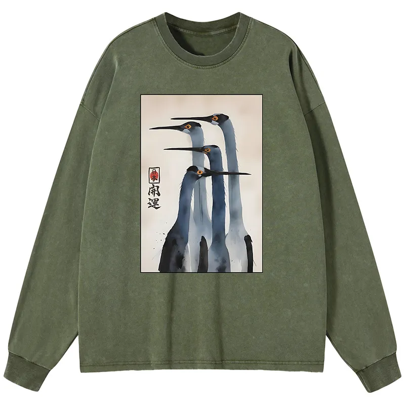 Tokyo-Tiger Retro Sandhill Crane Washed Long Sleeve T-Shirt