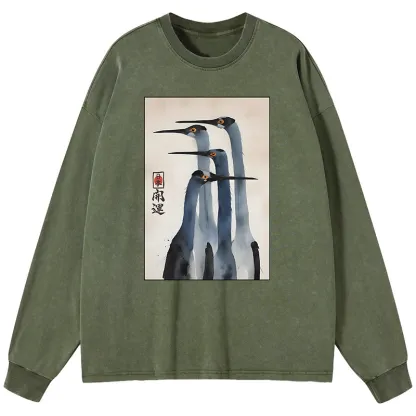 Tokyo-Tiger Retro Sandhill Crane Washed Long Sleeve T-Shirt