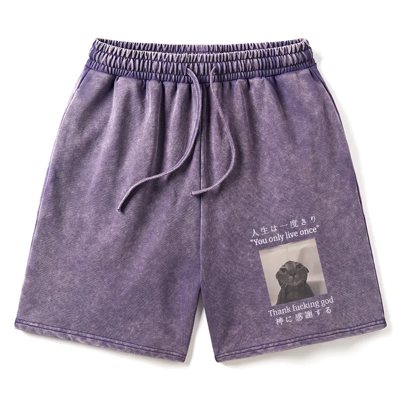 Tokyo-Tiger Funny Melancholy Cat Washed Shorts