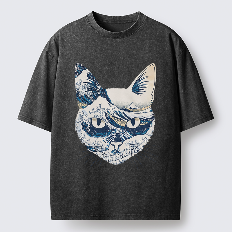 Tokyo-Tiger Ukiyo-e Waves And Cats Washed T-Shirt