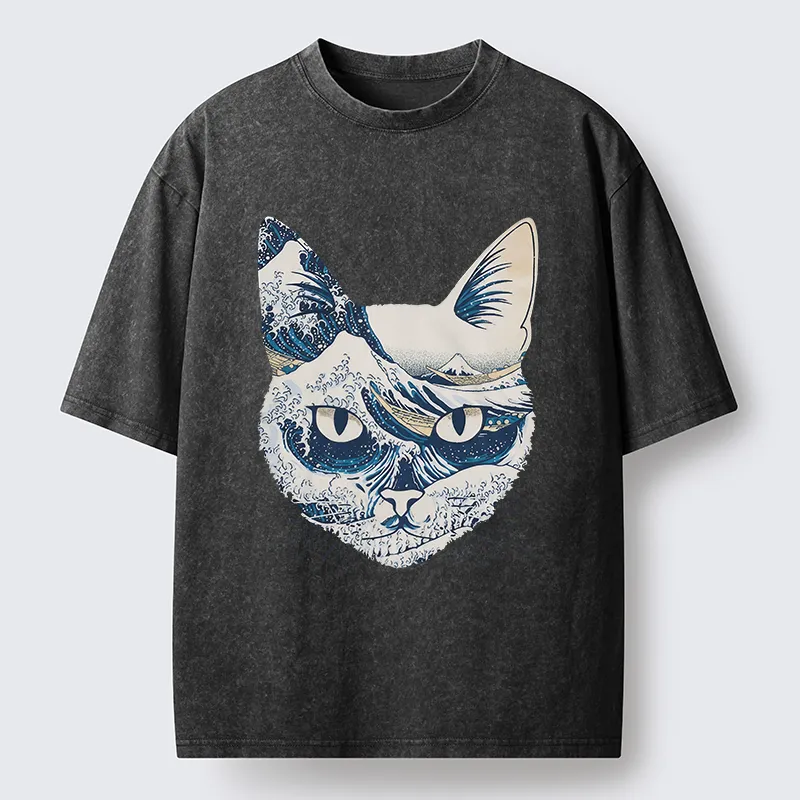 Tokyo-Tiger Ukiyo-e Waves And Cats Washed T-Shirt