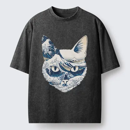 Tokyo-Tiger Ukiyo-e Waves And Cats Washed T-Shirt