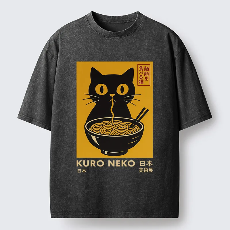 Tokyo-Tiger Cat Eating Ramen Poster Washed T-Shirt