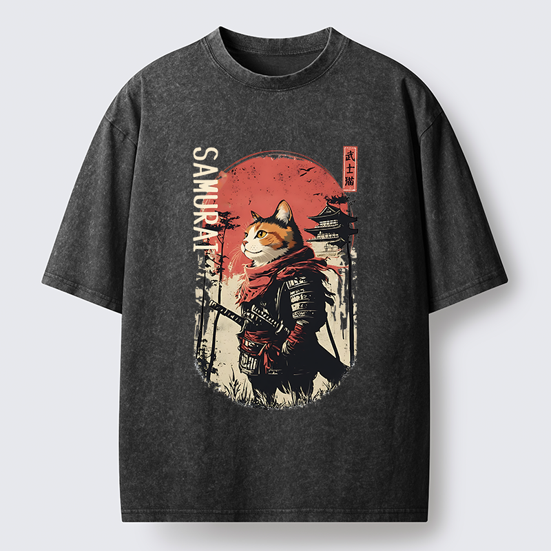 Tokyo-Tiger Lonely Cat Japanese Samurai Washed T-Shirt