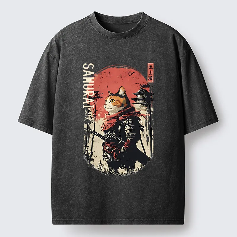 Tokyo-Tiger Lonely Cat Japanese Samurai Washed T-Shirt