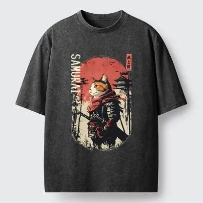 Tokyo-Tiger Lonely Cat Japanese Samurai Washed T-Shirt