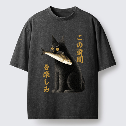 Tokyo-Tiger Enjoy The Cat Enjoys The Moment Washed T-Shirt