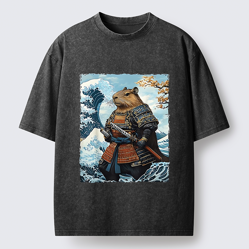 Tokyo-Tiger Capybara Japanese Samurai  And Waves Washed T-Shirt