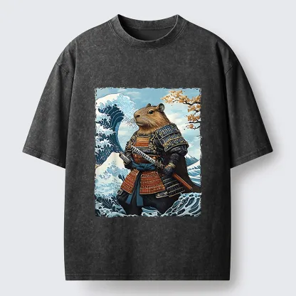 Tokyo-Tiger Capybara Japanese Samurai  And Waves Washed T-Shirt