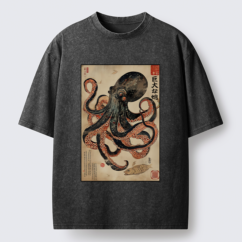 Tokyo-Tiger Retro Octopus Painting Washed T-Shirt